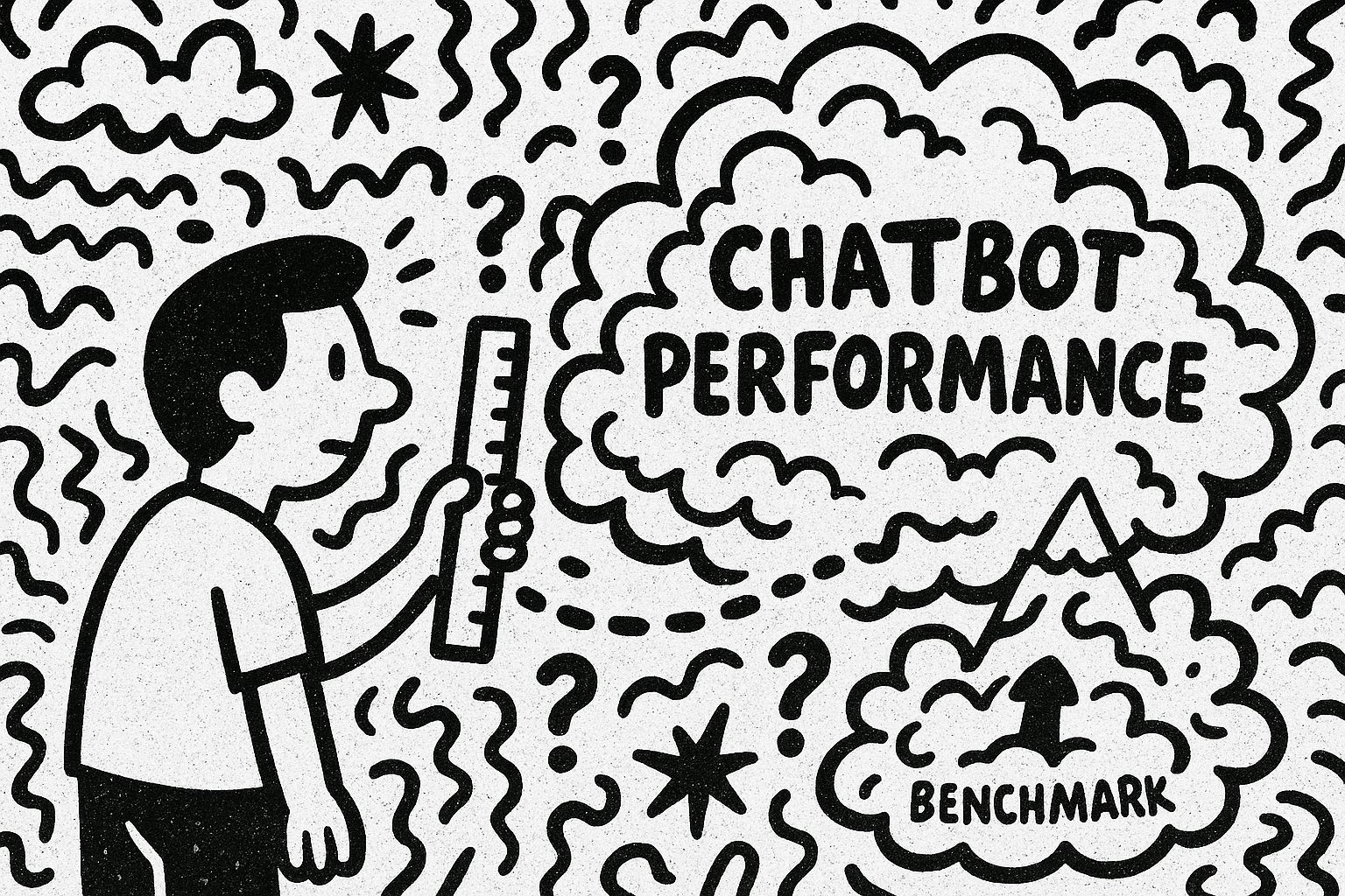 Drawing of a man, he is looking confused into the fog, while holding a ruler. In the fog the text 'ChatBot Performance' is visible.
